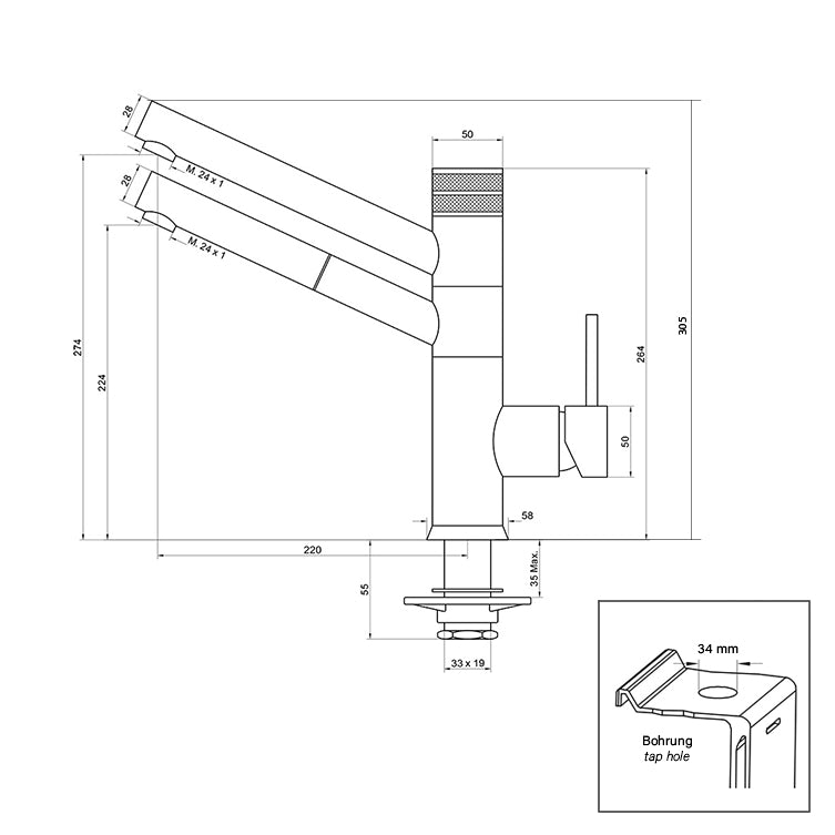 Baterie cu trei căi, cu duș extensibil CUCINA IDEALE, aspect din oțel inoxidabil.
