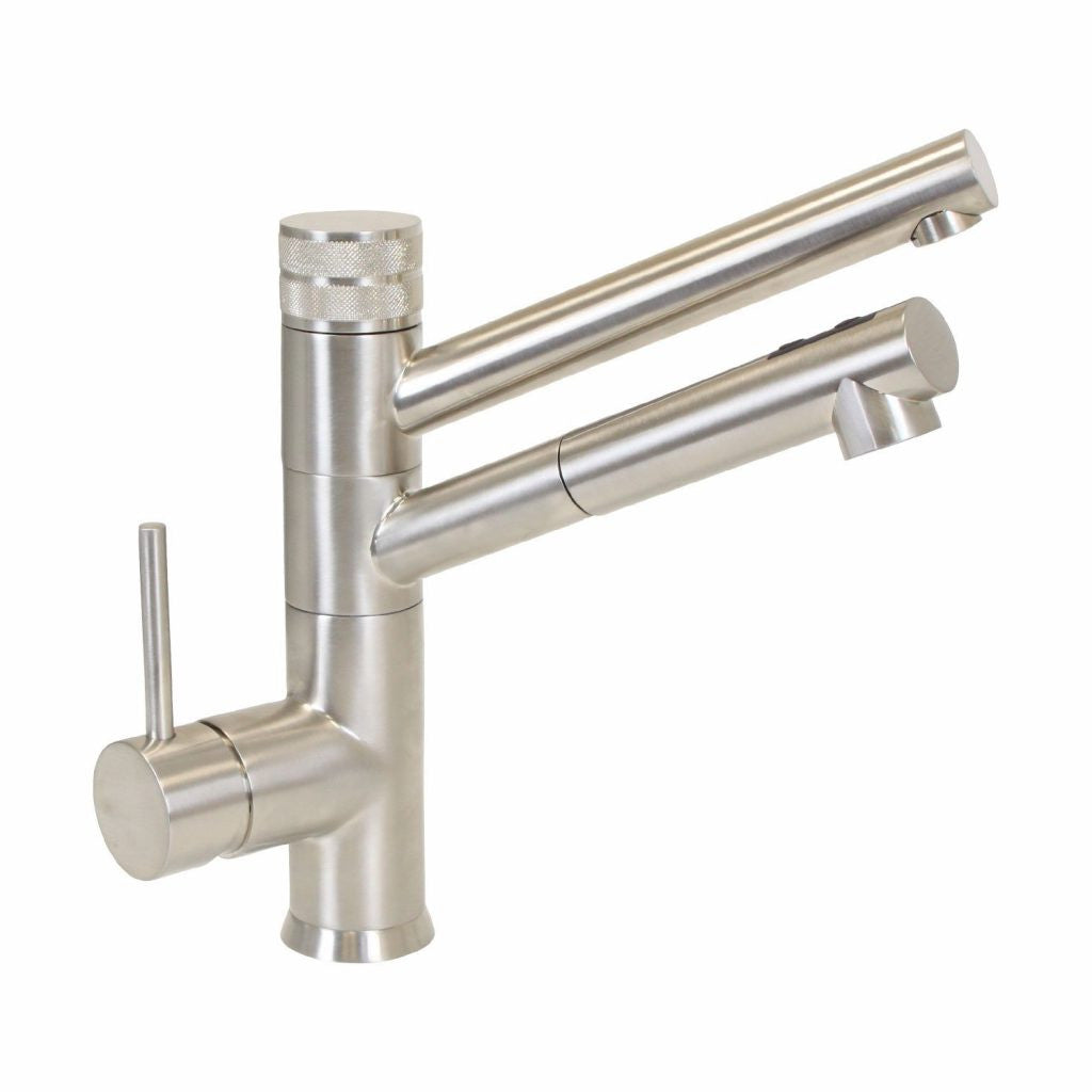 Baterie cu trei căi, cu duș extensibil CUCINA IDEALE, aspect din oțel inoxidabil.