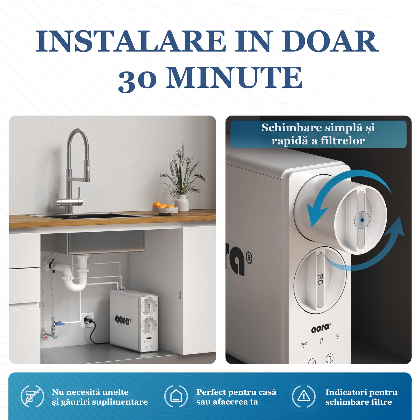 AORA GT600 - Sistem de osmoză inversă Direct Flow – Filtrare în 8 trepte, montare sub blat, fără rezervor