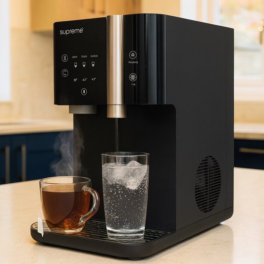 SPRUDELUX SUPREME – Sistem premium de apă CARBOGAZOASĂ cu osmoză inversă și apă caldă – Dozator de apă cu filtru și tehnologie UVC – Conexiune permanentă la apă