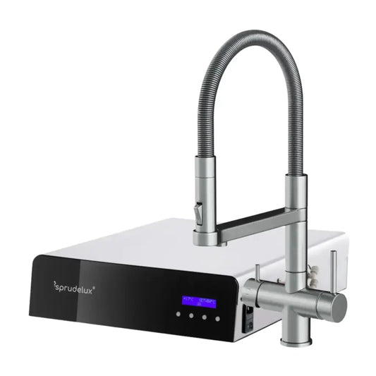 Aparat de apă rece și carbogazoasă SPRUDELUX® ULTRA FLAT Dozator de apă minerală carbogazoasă premium | doar 10,5 cm plat | conținut ridicat de CO2 | funcționare silențioasă | oțel inoxidabil | Fabricat în Italia 🇮🇹