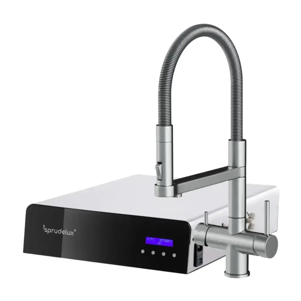 Aparat de apă rece și carbogazoasă SPRUDELUX® ULTRA FLAT Dozator de apă minerală carbogazoasă premium | doar 10,5 cm plat | conținut ridicat de CO2 | funcționare silențioasă | oțel inoxidabil | Fabricat în Italia 🇮🇹